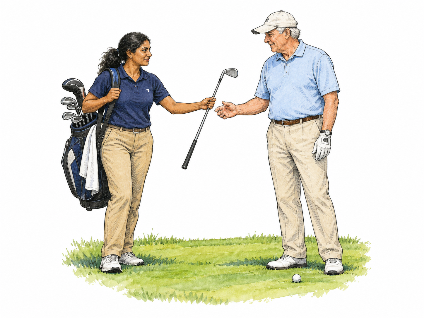 An adult golf caddie carries a full golf-club bag on one shoulder and offers one club to an adult golfer on a tiny green patch.