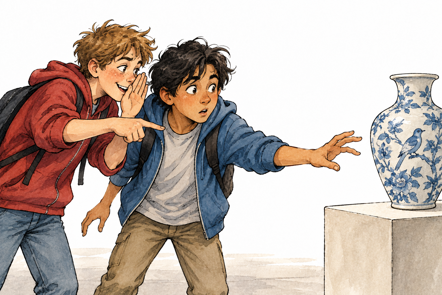 School-age teen whispers a dare and points toward a fragile vase while friend reaches toward it, troubling action prompted by peer, no writing.