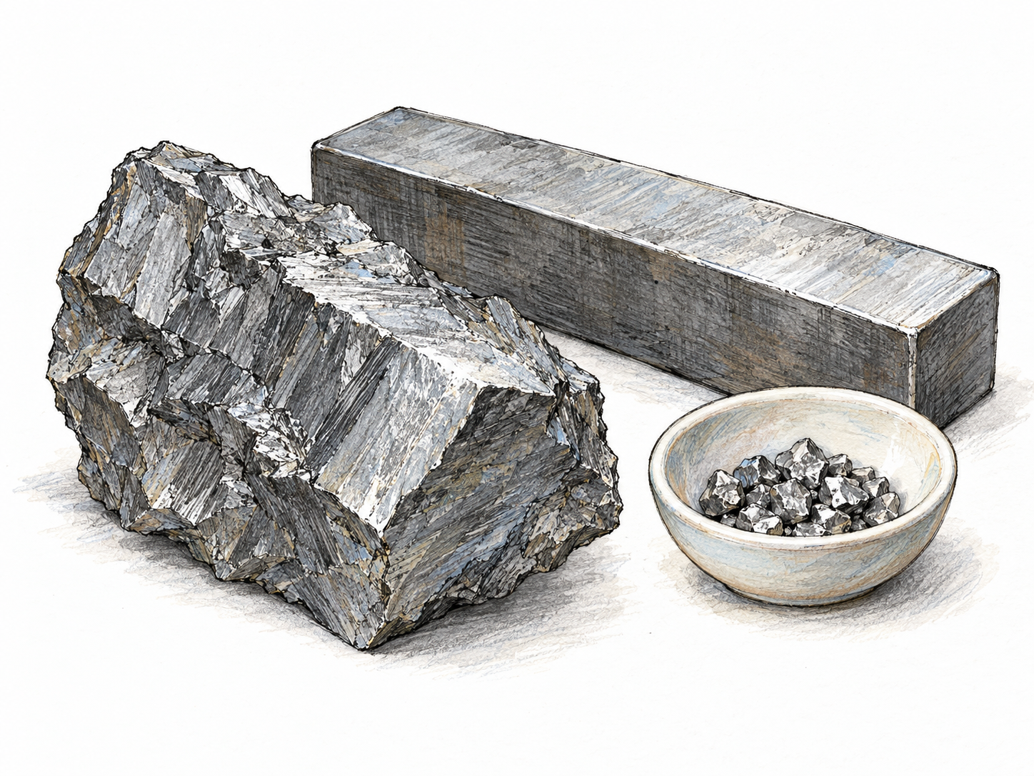 A compact material-study still life: a rough, silvery-gray vanadium specimen beside a small dish of metallic granules and a sturdy finished steel bar, suggesting the element's use in strengthening steel.