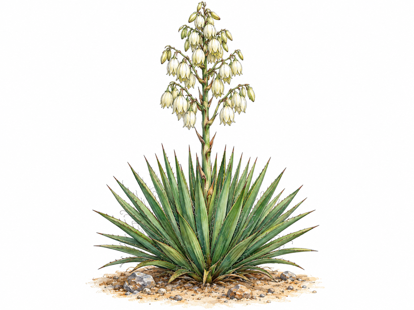 A single flowering yucca rooted in a small patch of dry, stony ground, with a dense rosette of rigid sword-shaped leaves and a tall stalk bearing clusters of pendant creamy-white, bell-shaped flowers.