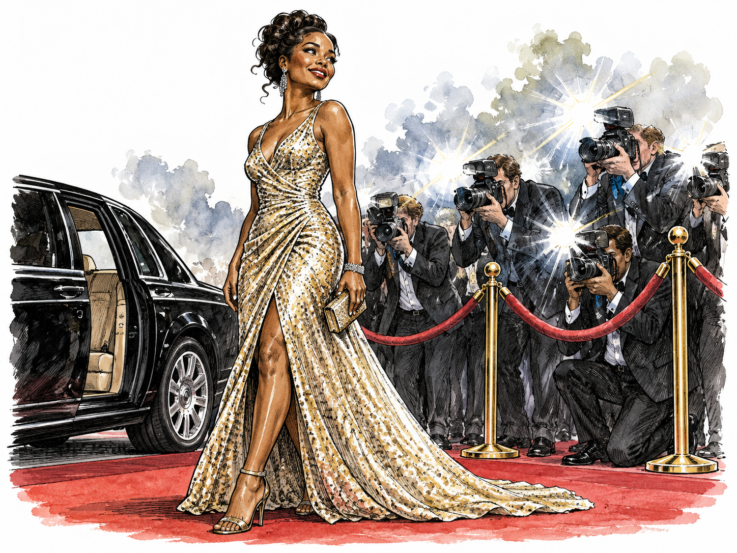 Elegant Black film star in evening gown arrives on red carpet under camera flashes.