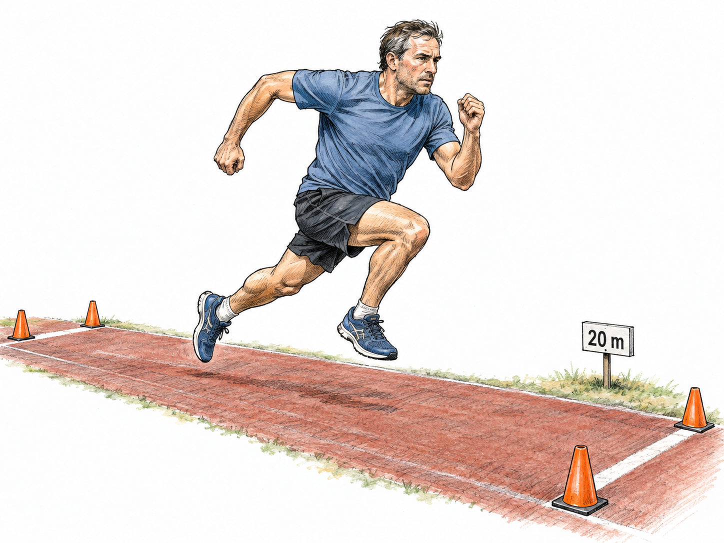 A runner powers toward the end of a short, cone-marked 20-metre training lane.