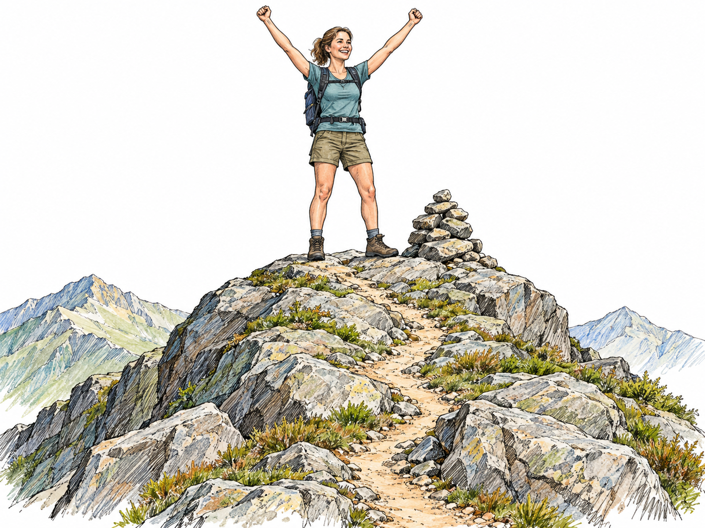 A hiker has reached a mountain summit: both boots are planted on the tiny highest outcrop beside a summit cairn, with the winding ascent visibly ending at her feet.