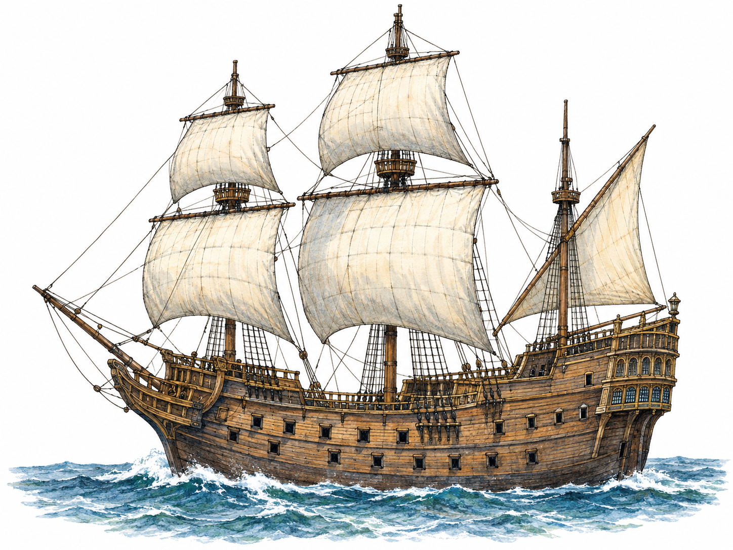 A sixteenth-century large wooden galleon with three masts, square sails on fore and main mast, lateen mizzen, high sterncastle and deep hull, sensible attached rigging, no flags or lettering; white sea vignette.
