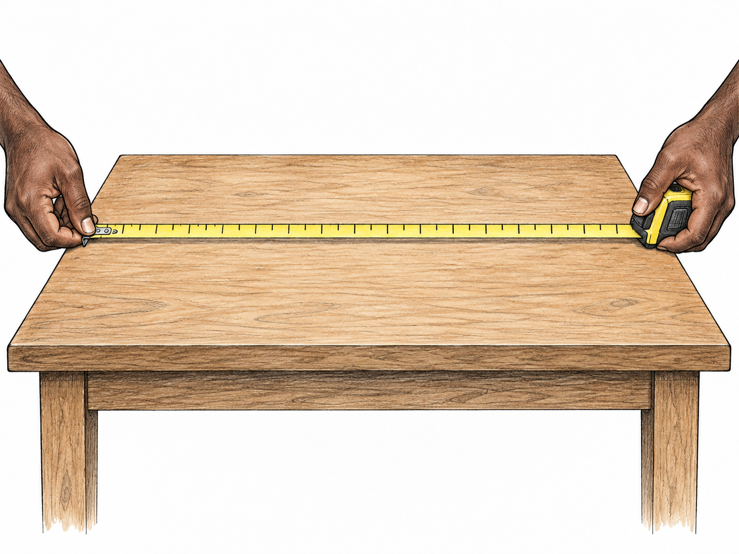 Two hands extend a plain measuring tape across full side-to-side width of table, simple tick marks only, no digits, clearly breadth not length.