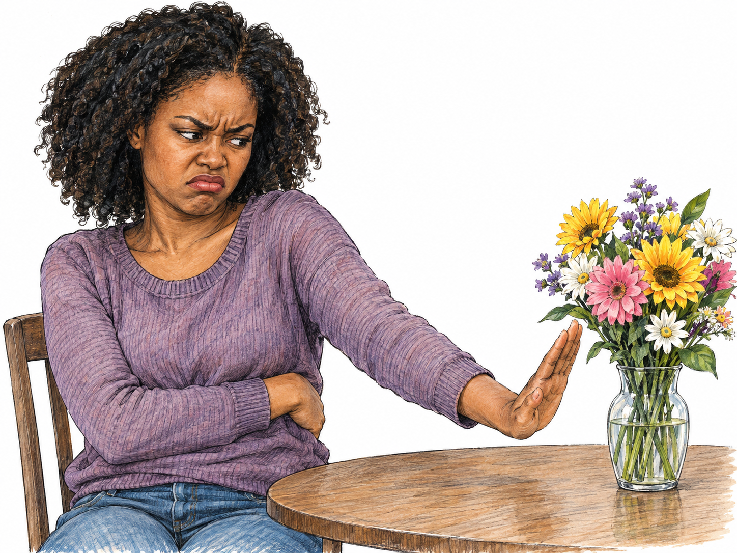 A visibly sour, dissatisfied young woman sits with folded arms, scowling at a neatly arranged bouquet on her table and pushing it away with one hand.