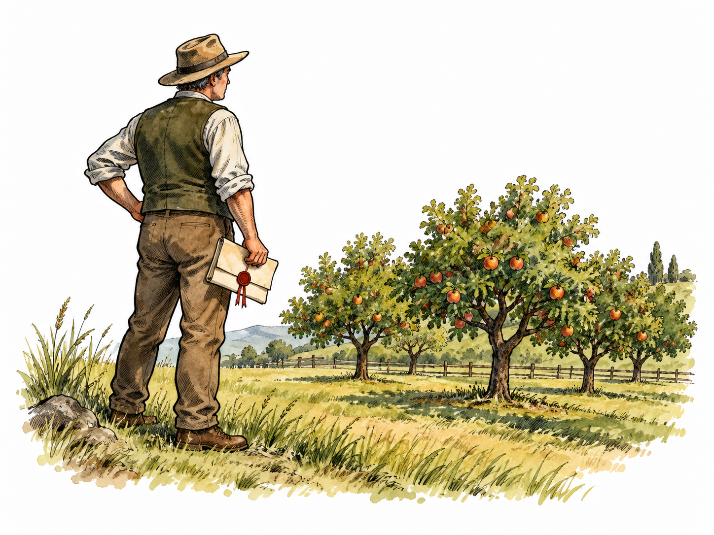 A landowner surveys a small orchard beside a folded deed, property held in ownership, no readable text.