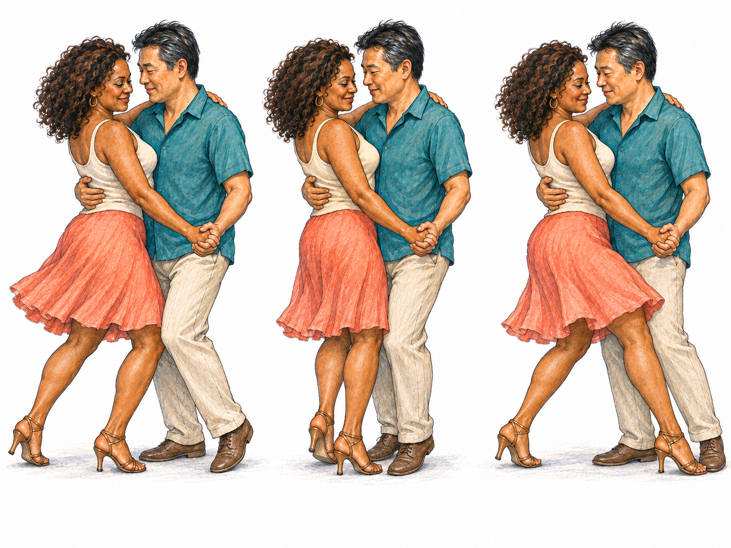 A three-beat sequence shows the same Brazilian dance couple performing close, hip-led lambada steps.