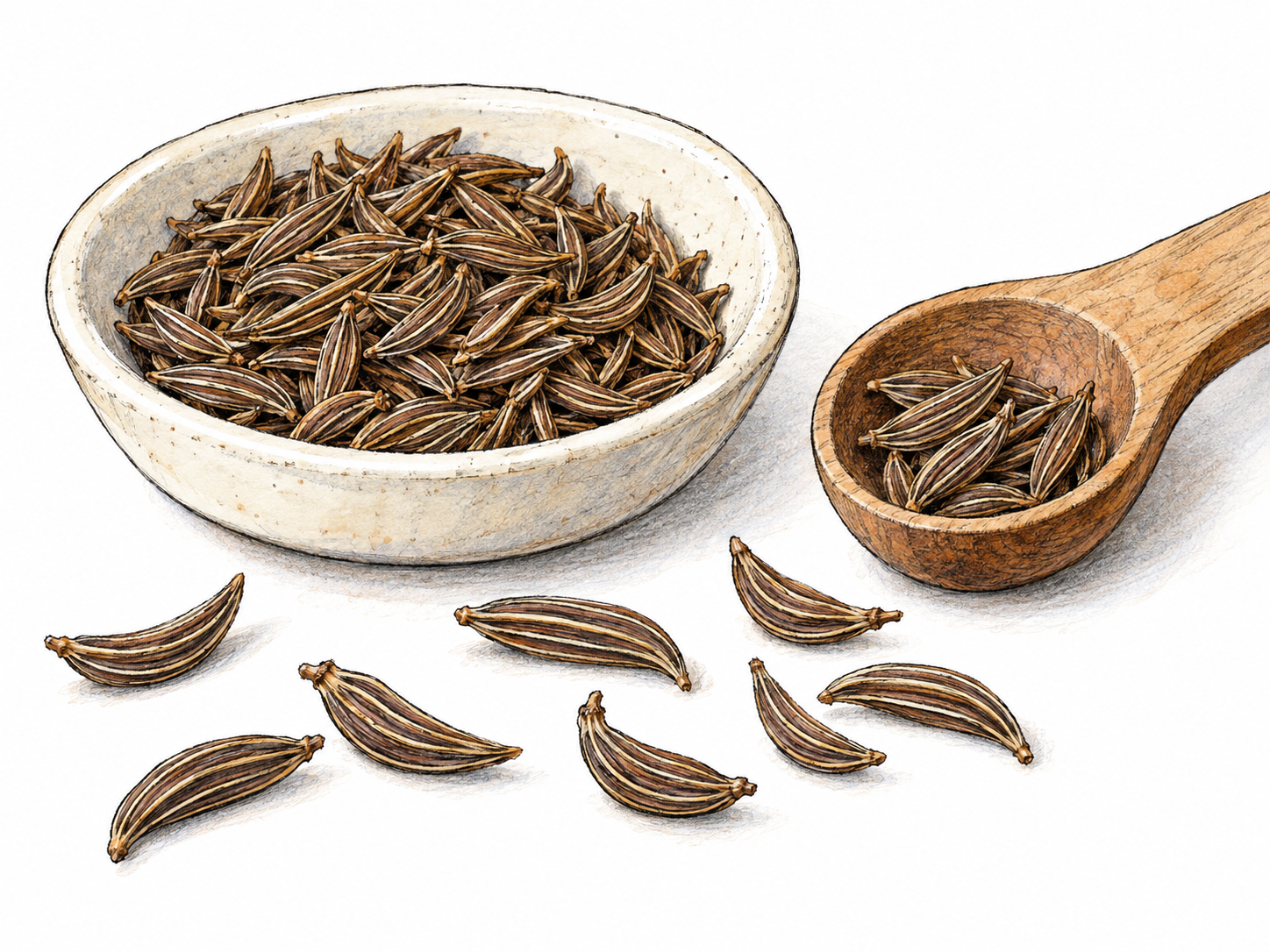A close-up of recognizable caraway seeds in a small spice dish and wooden measuring spoon, with a few scattered seeds showing their curved, ridged shape.
