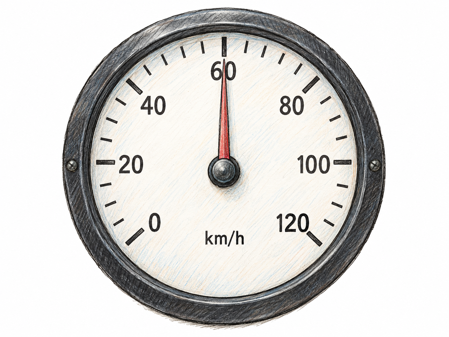 A close-up of a vehicle speedometer, with its needle pointing to 60 on a clearly numbered dial marked km/h, makes the rate of movement visible rather than merely suggesting fast motion.