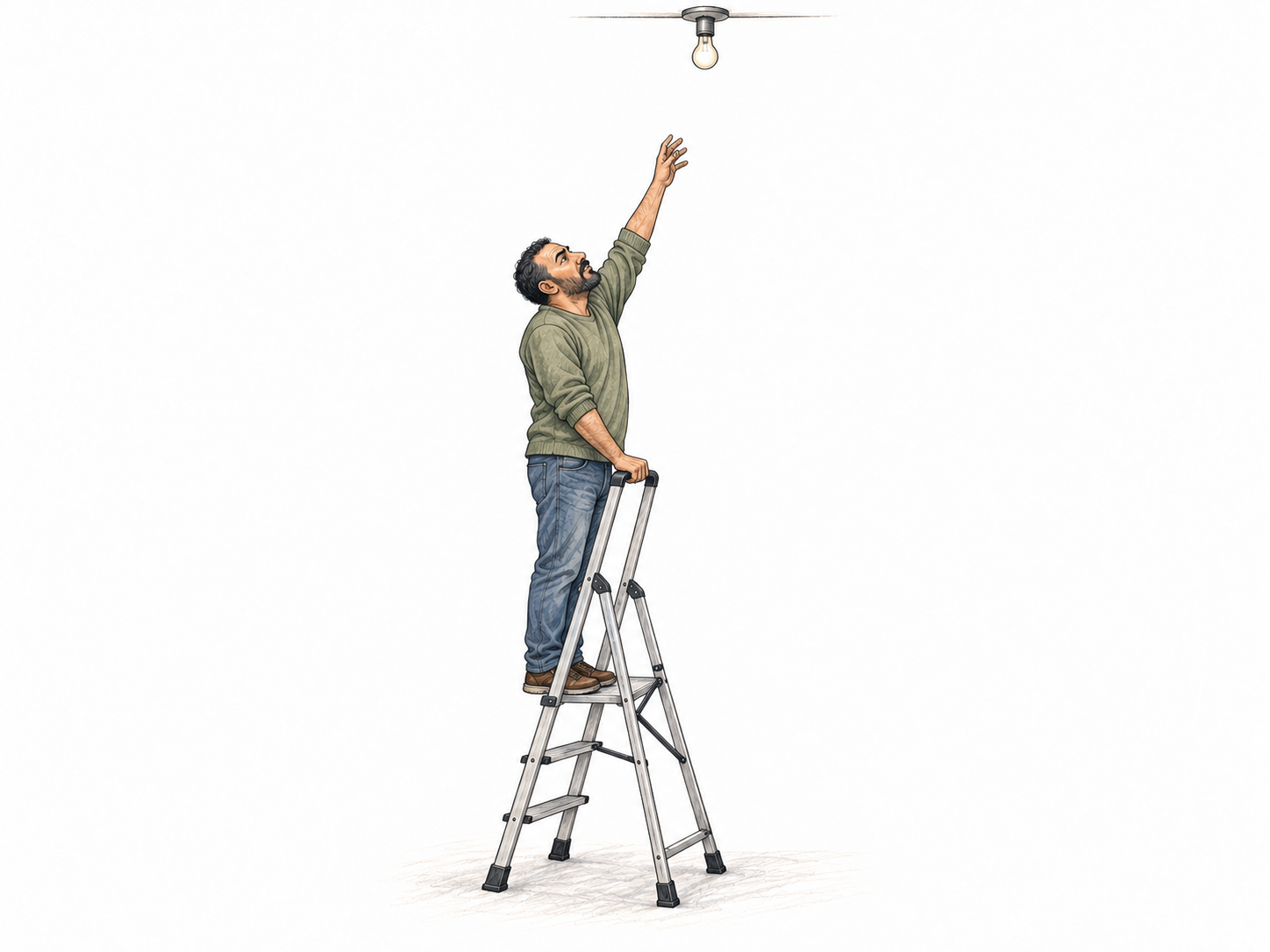 A man on a short stepladder cannot reach a ceiling light: the ladder is plainly inadequate for the task.