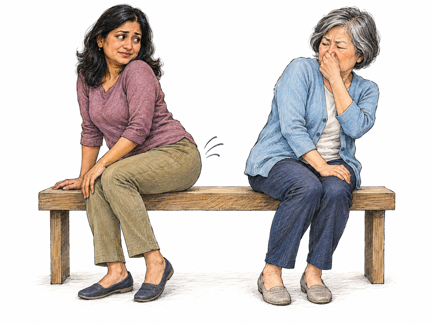 A fully clothed woman seated on a simple bench shifts onto one hip as a few small air-motion strokes emerge from behind her seated hip; the woman beside her leans away and pinches her nose.
