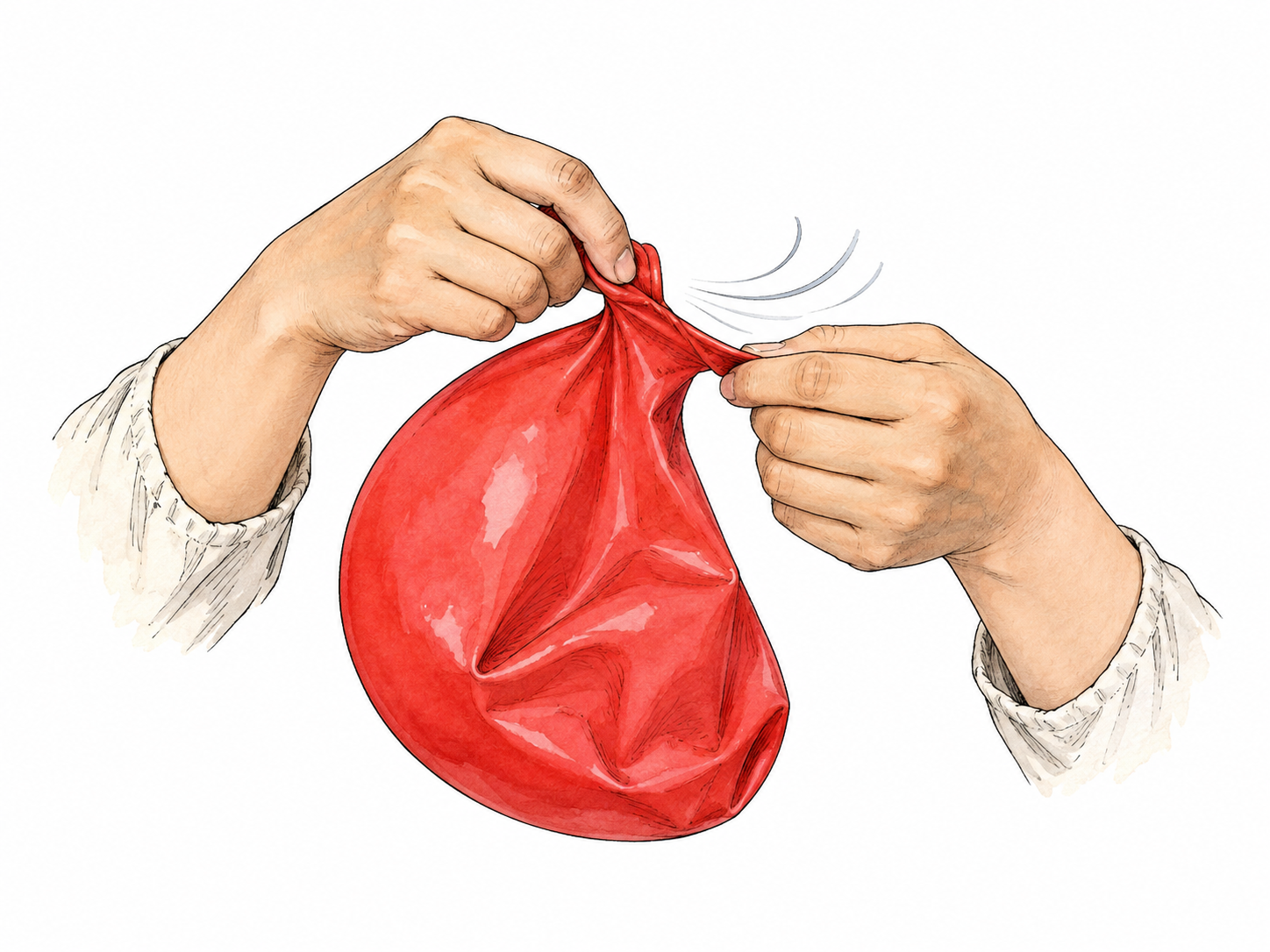 Hands release air from a balloon neck as balloon visibly slackens, only one balloon.