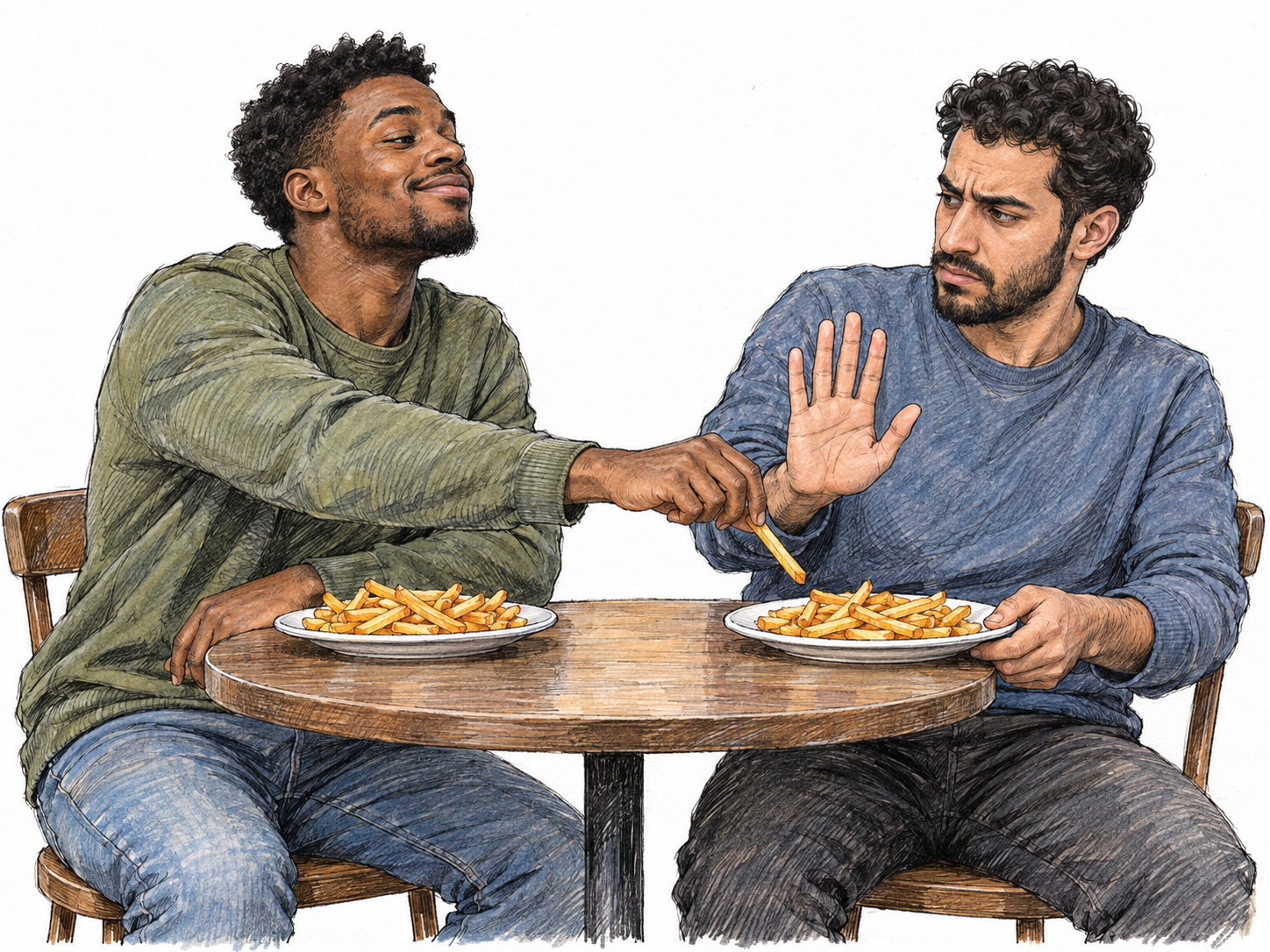 At a café table, a man brazenly takes a fry from another man's plate despite the owner's clearly raised stop hand.