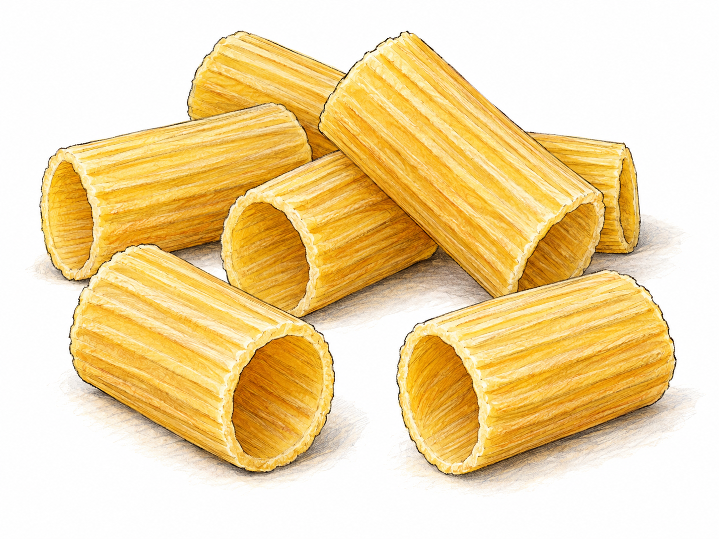 A small cluster of golden rigatoni pasta, shown close enough to make their short cylindrical shapes, straight-cut open ends, and lengthwise ridges unmistakable.