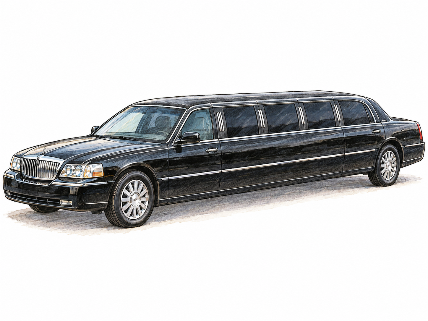 A polished black stretch limousine in a clear three-quarter side view, with its exceptionally long passenger compartment and multiple rear windows immediately distinguishing it from an ordinary sedan.