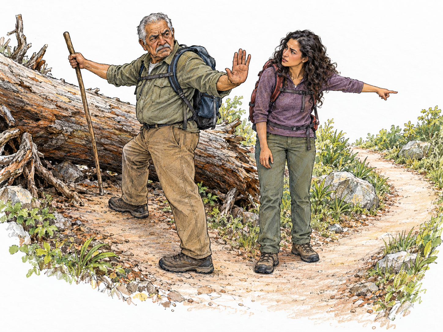 An older hiker refuses an obvious detour, stubbornly continuing toward a trail blocked by a fallen tree while his companion points out the clear route around it.