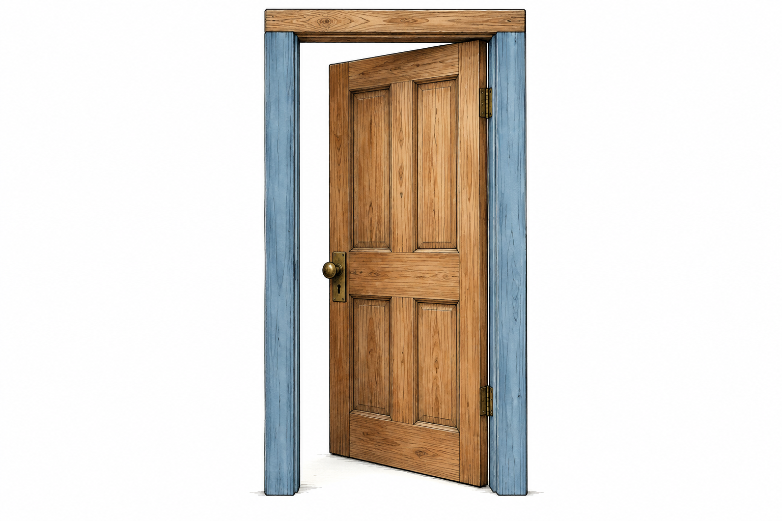Close timber doorframe with its two vertical side jambs highlighted muted blue, top horizontal lintel remains natural wood, door ajar.