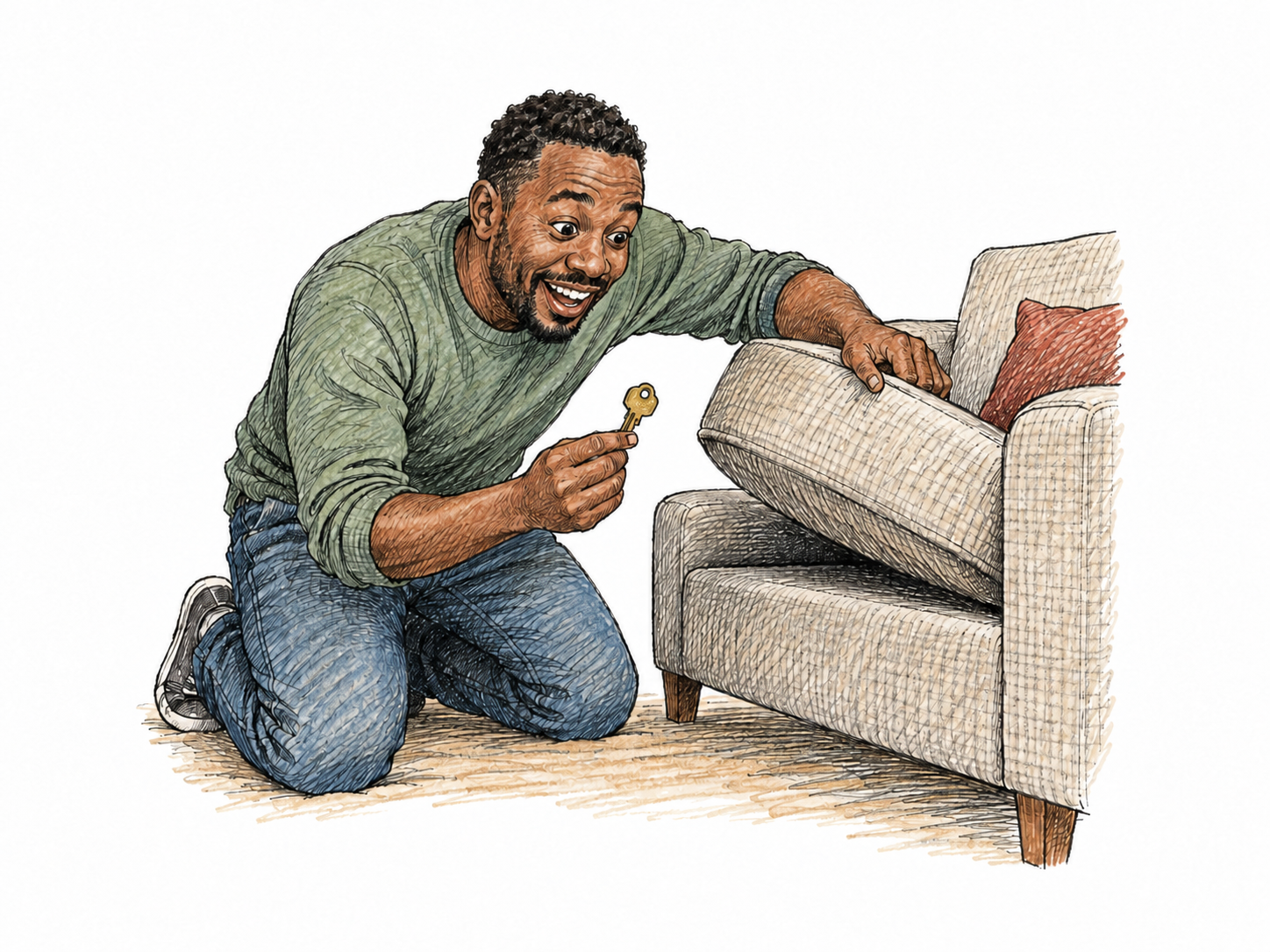 A person searches beneath a sofa cushion and finds a lost key, delighted recognition and fingertips holding the discovered object, minimal sofa fragment.