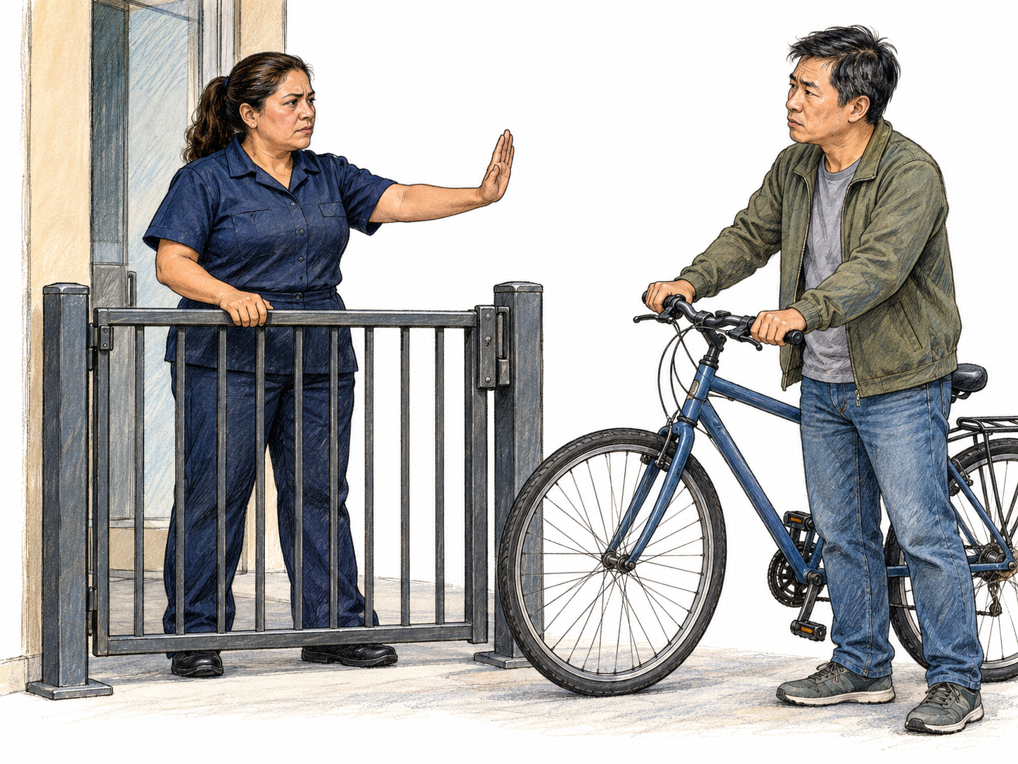 An entrance attendant refuses to let a visitor bring his bicycle indoors, holding the entrance gate closed and extending a firm stop palm toward the bicycle.