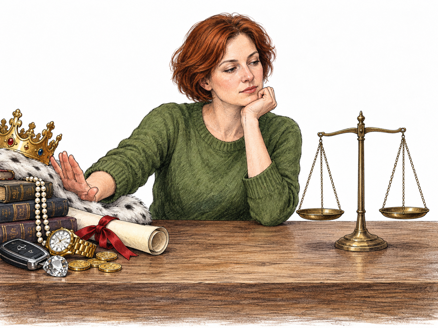 A thoughtful adult calmly sets aside tokens of inherited status and wealth while contemplating an empty balance scale; philosophical rejection of established value, no threatening pose or caricature.