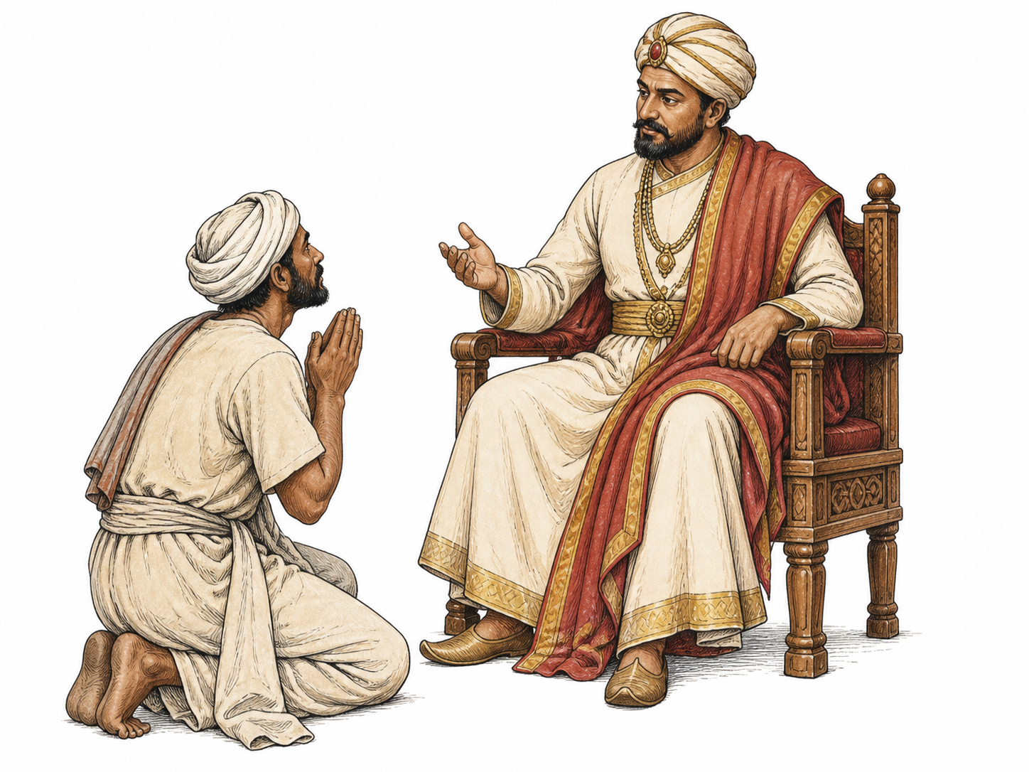 Rajah sits on modest carved seat hearing local petitioner, authoritative yet restrained royal role; appropriate Indian dress, no colonial stereotype or text.