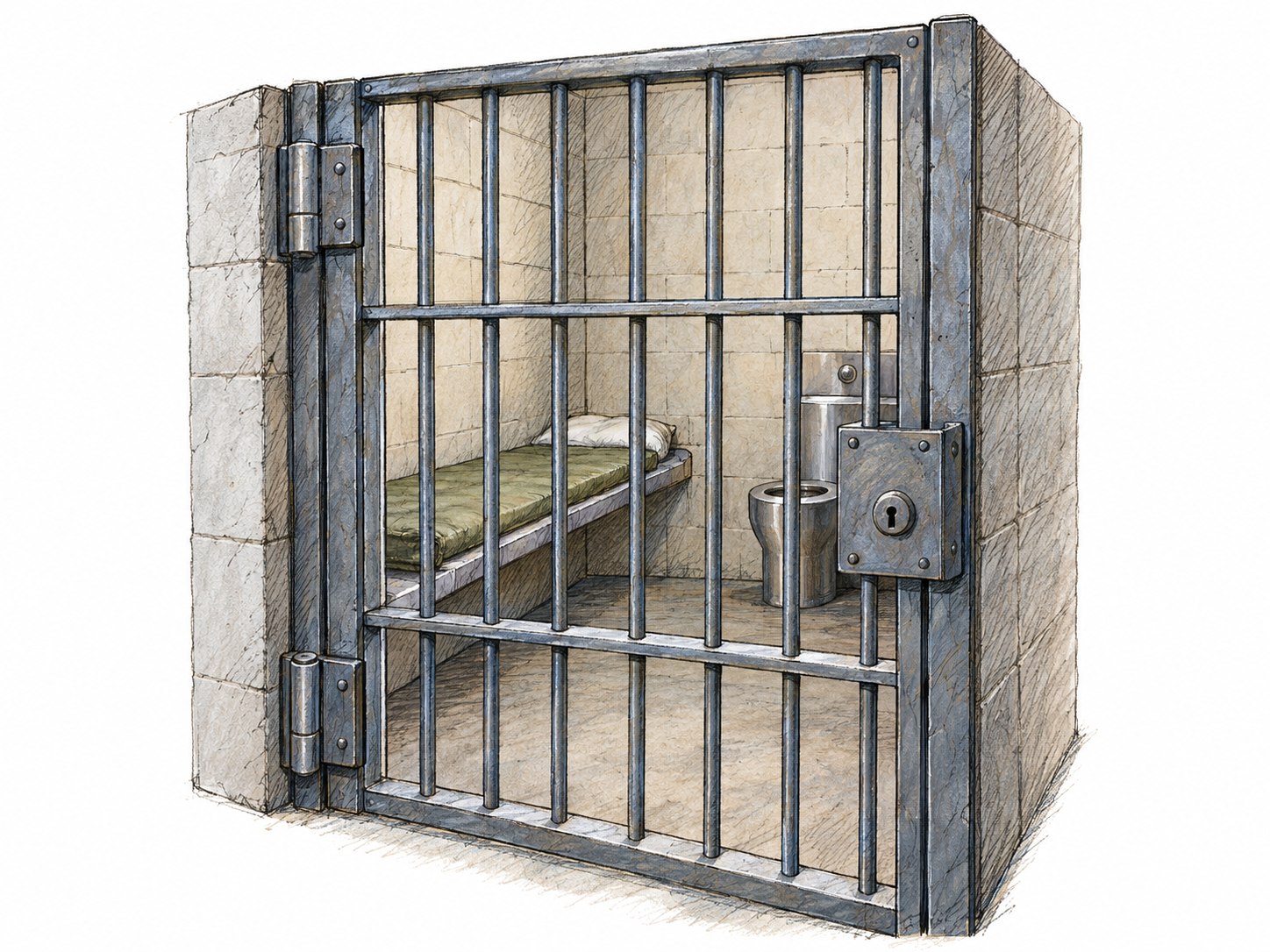 An empty, compact local jail cell viewed through its heavy barred doorway, with a narrow fixed bunk, a basic toilet and a conspicuous door lock.
