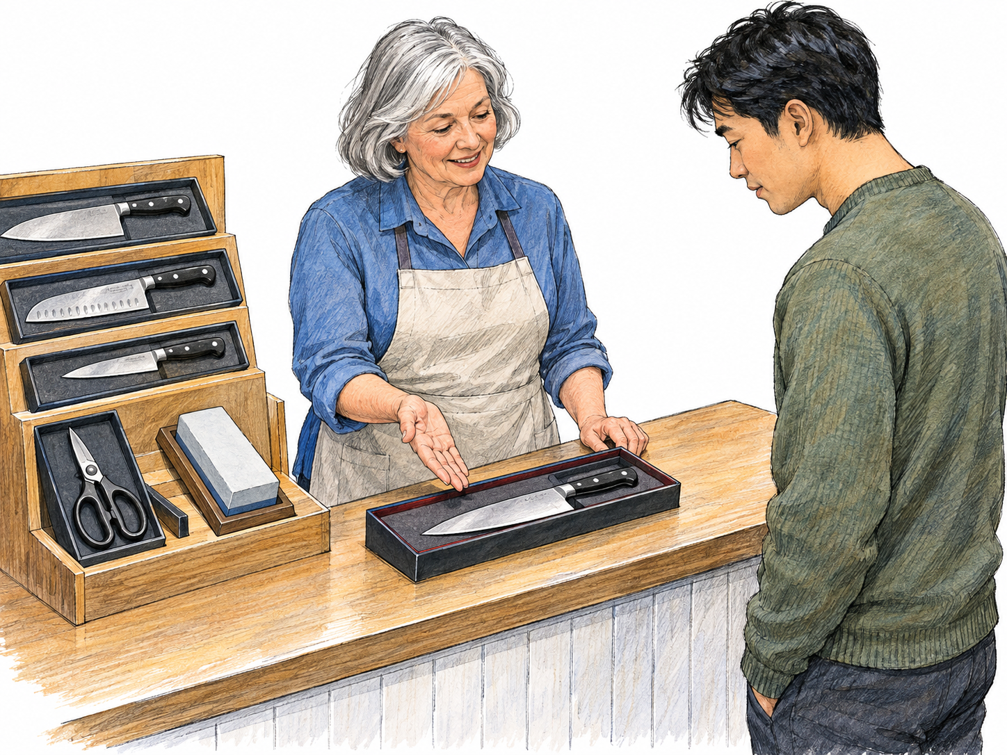 A specialist cutlery seller presenting a boxed kitchen knife at a small retail counter, with an orderly display of kitchen knives and household cutting tools establishing her trade.