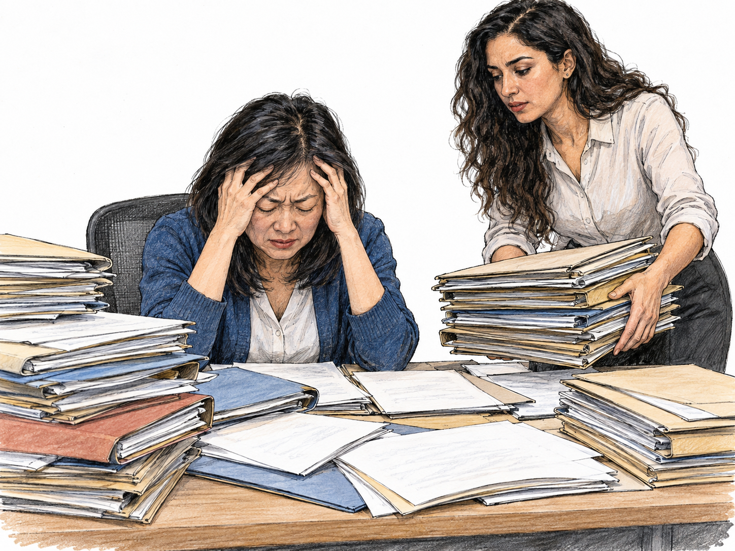 A woman visibly struggles to cope with an excessive workload: unfinished folders crowd her desk while another stack is being added, and she buries her face in her hands.
