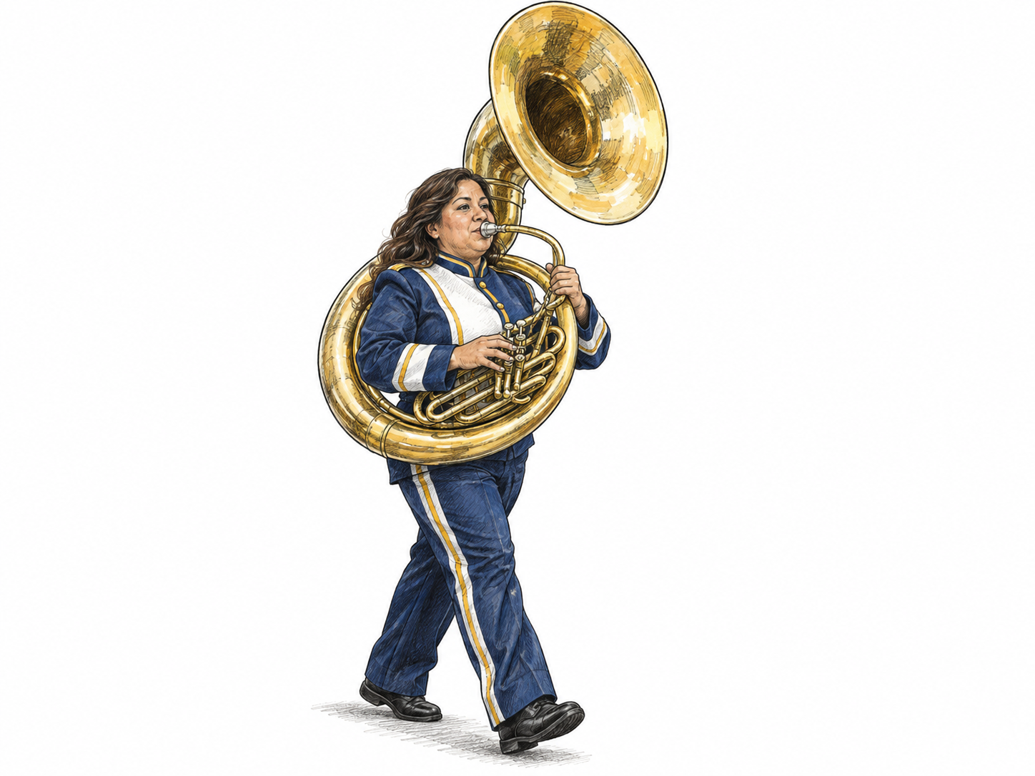 A marching-band musician plays a brass sousaphone, with its broad tubing visibly encircling her body and its enormous forward-facing bell above her shoulder.