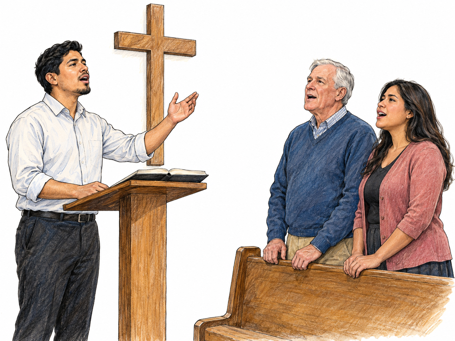 A church cantor sings from a small lectern while raising one hand to lead two worshippers who visibly sing along from a pew.