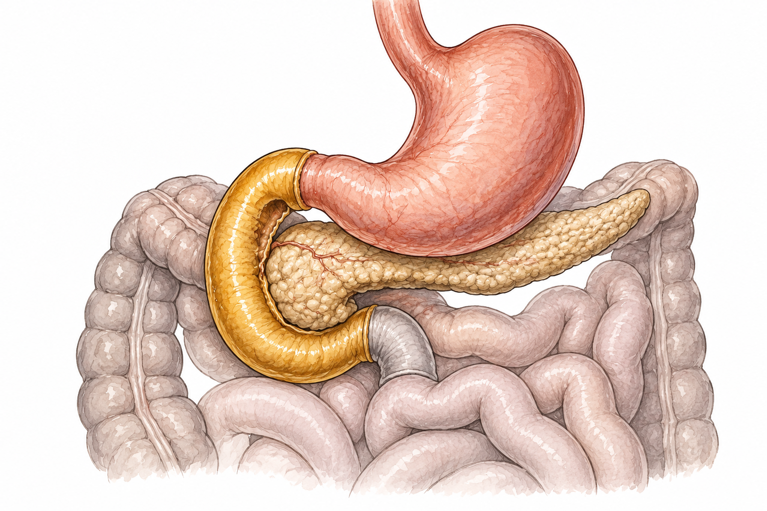 Clean anatomical diagram showing stomach joining the C-shaped duodenum around pancreatic head, duodenum gold, other gut muted, no labels.