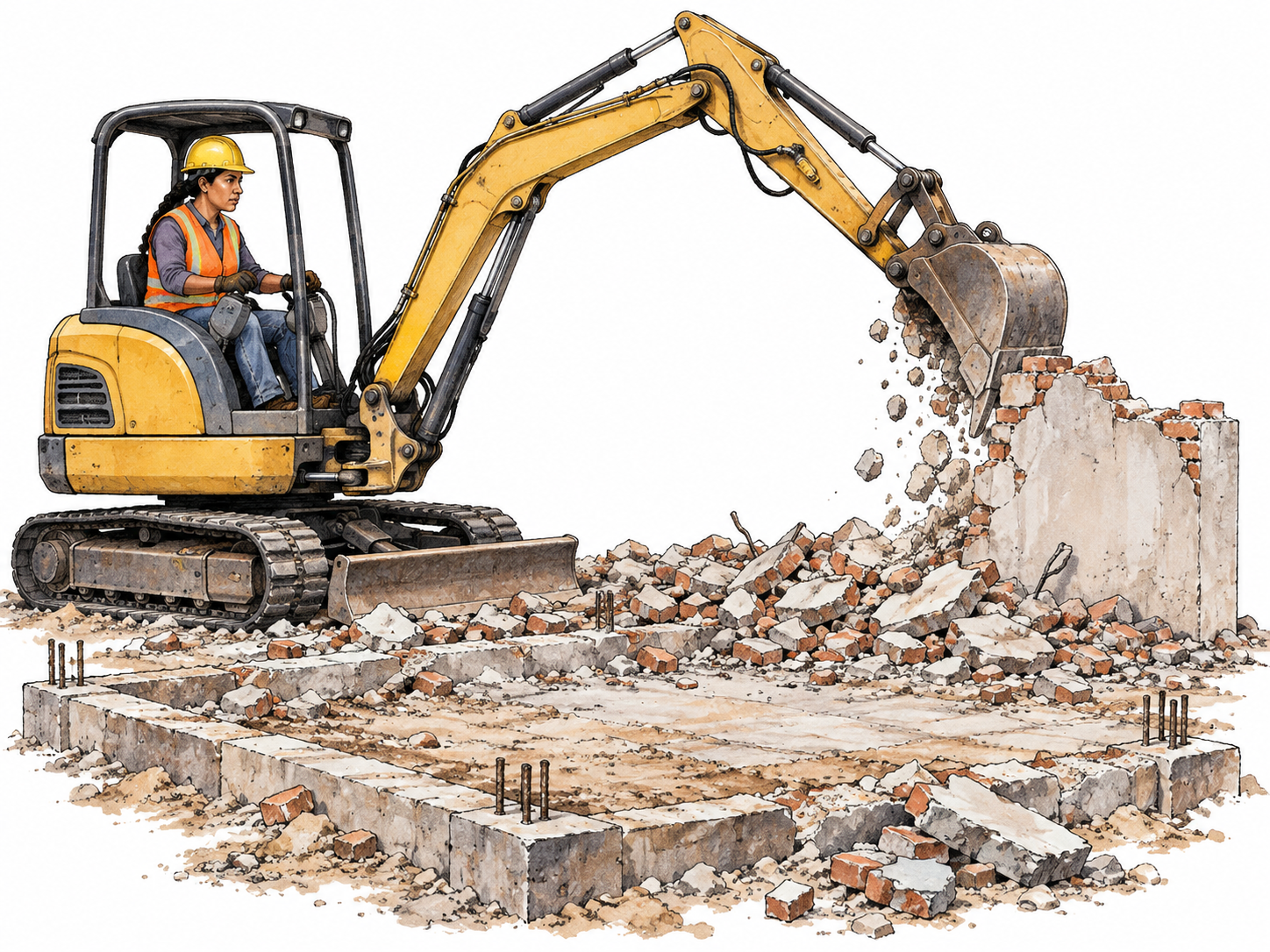 Small excavator finishes knocking down last low wall of empty building, rubble and foundation footprint show complete demolition; no people inside, no disaster spectacle or dense city.