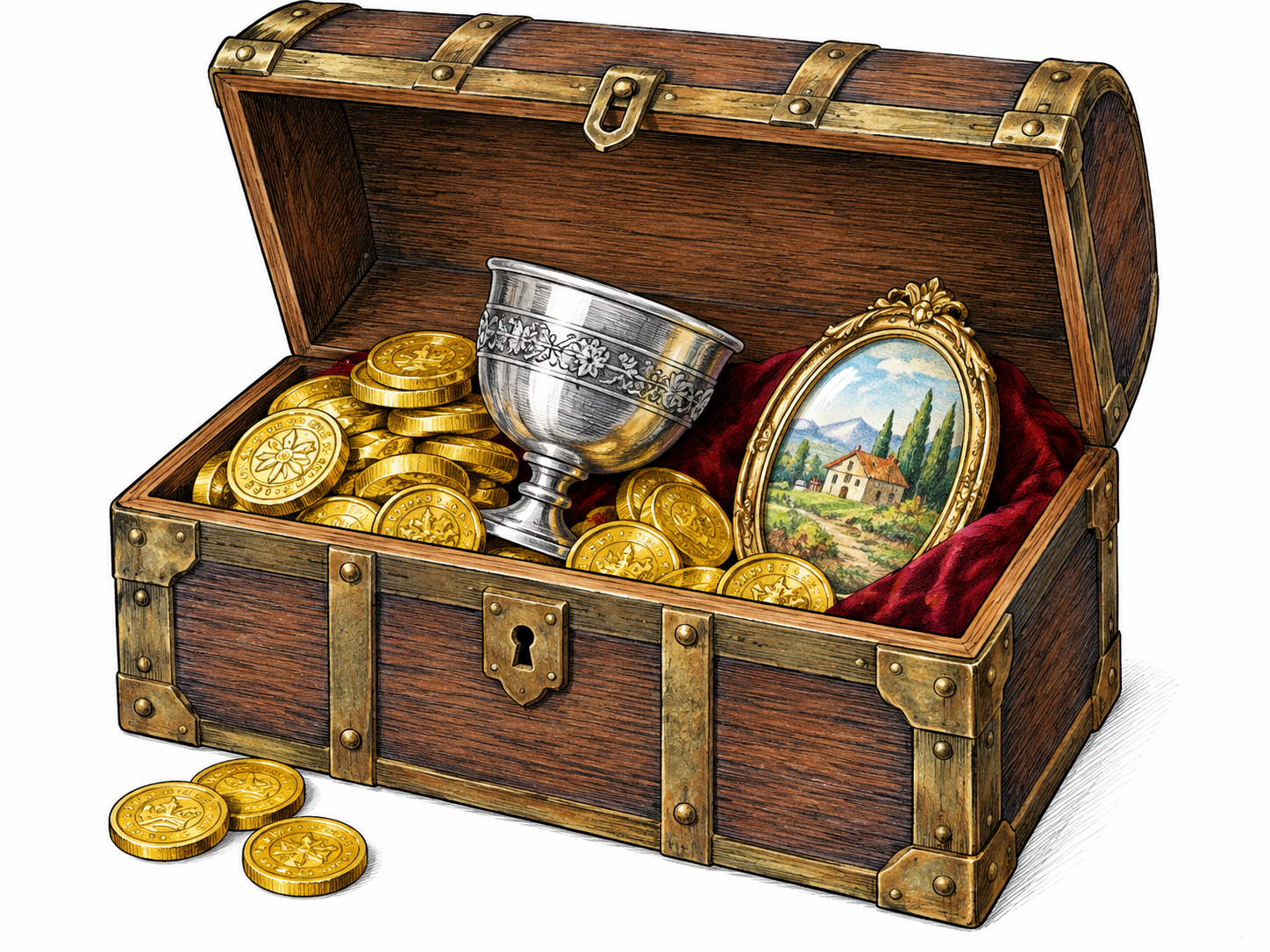 An open modest chest contains gold coins, a silver cup and a cherished small portrait; valuable and personally treasured objects clearly grouped.