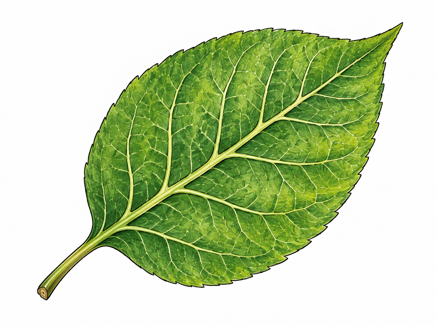 A green leaf with its branching veins visible as built-in structure, essential part of leaf rather than attached component; neutral paper.