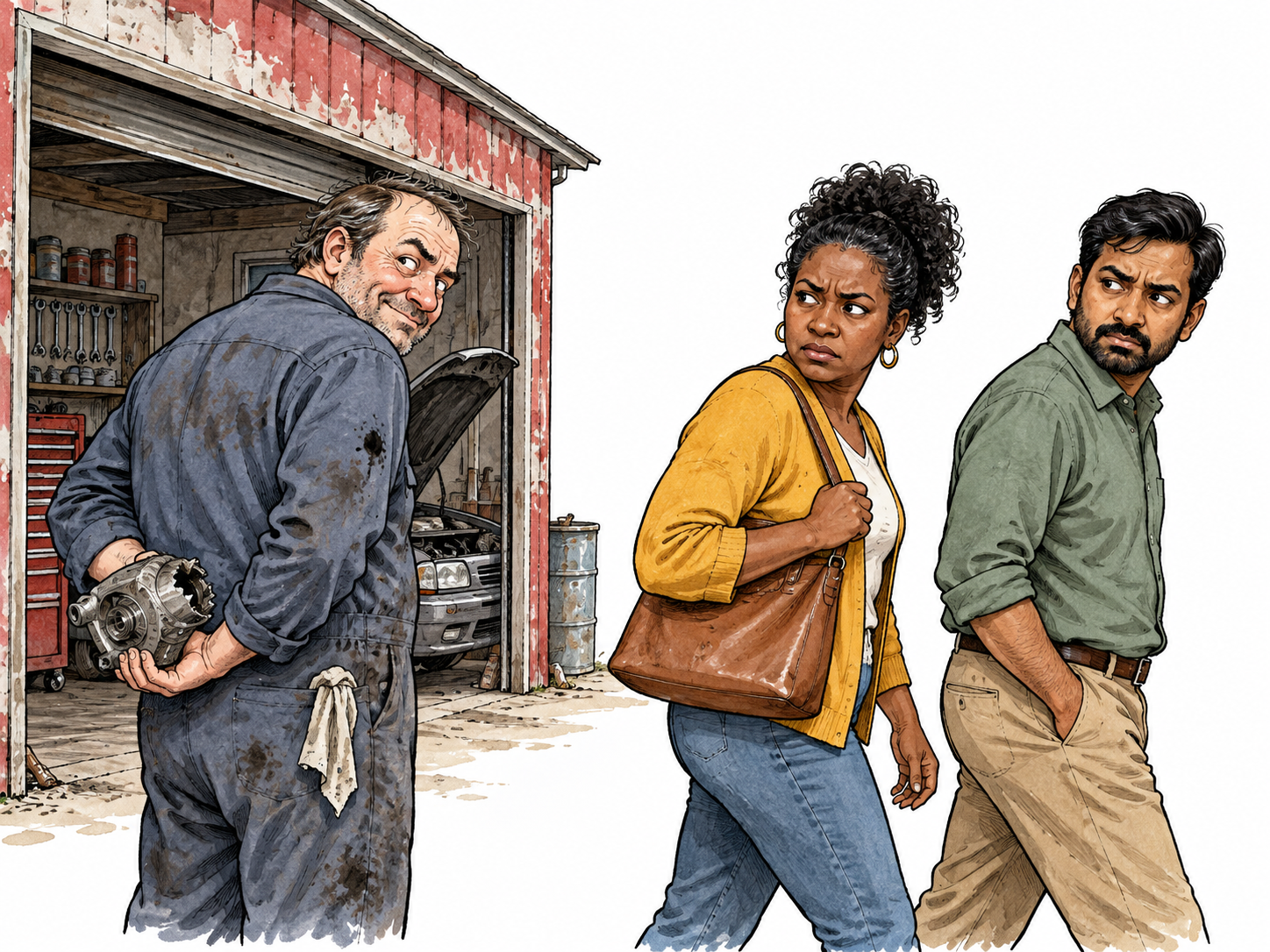 Two neighbors avoid a shabby dishonest-looking repair shop after the owner is caught hiding a damaged part behind his back, suspicious glances convey bad standing; no words or signs.