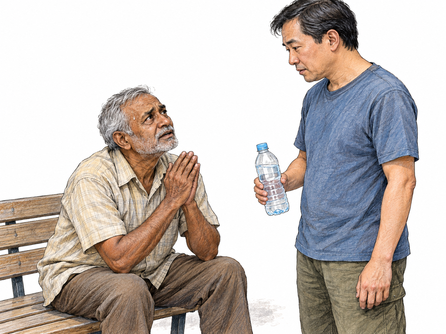 An older man urgently pleads for water from another man, clasping his hands toward the visibly held water bottle; his imploring face and forward lean make the request the central action.