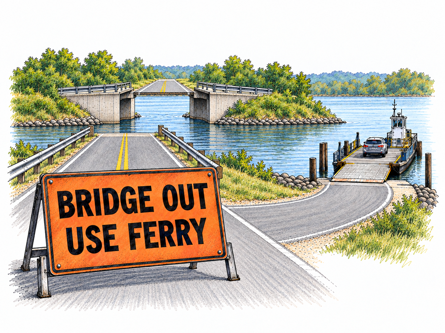 A concise roadside warning conveys both a serious hazard and a practical alternative in five words: BRIDGE OUT / USE FERRY.