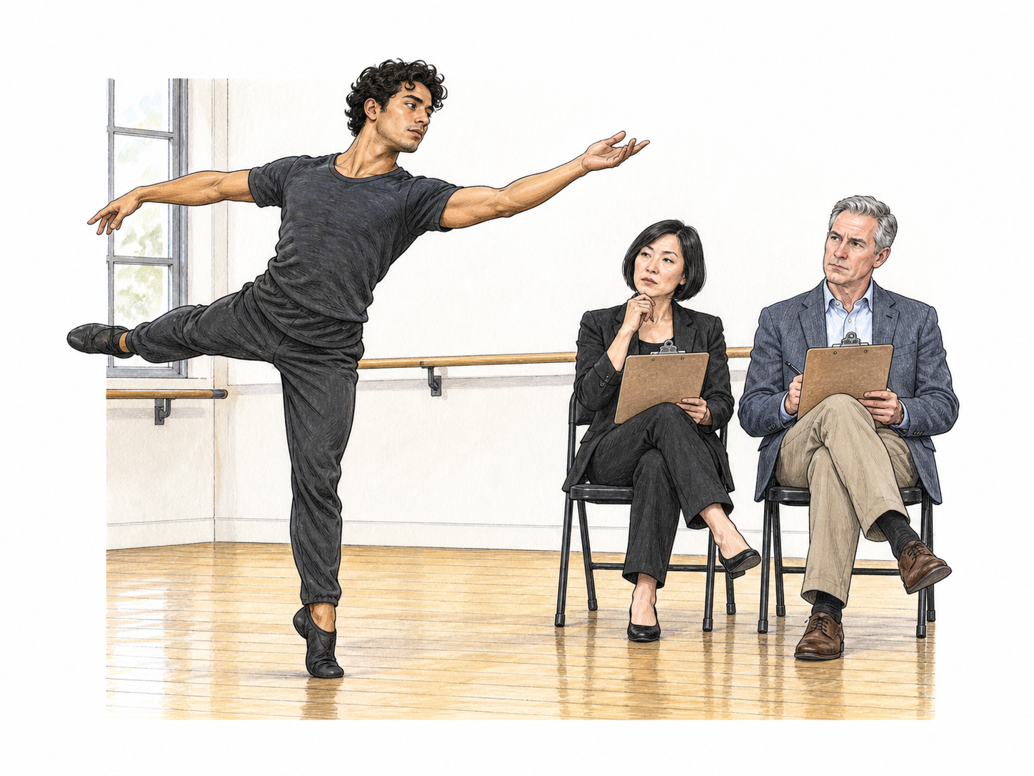 Solo dancer performs a poised trial step in front of two seated evaluators holding blank clipboards, small open rehearsal space; assessors scrutinize rather than applaud.