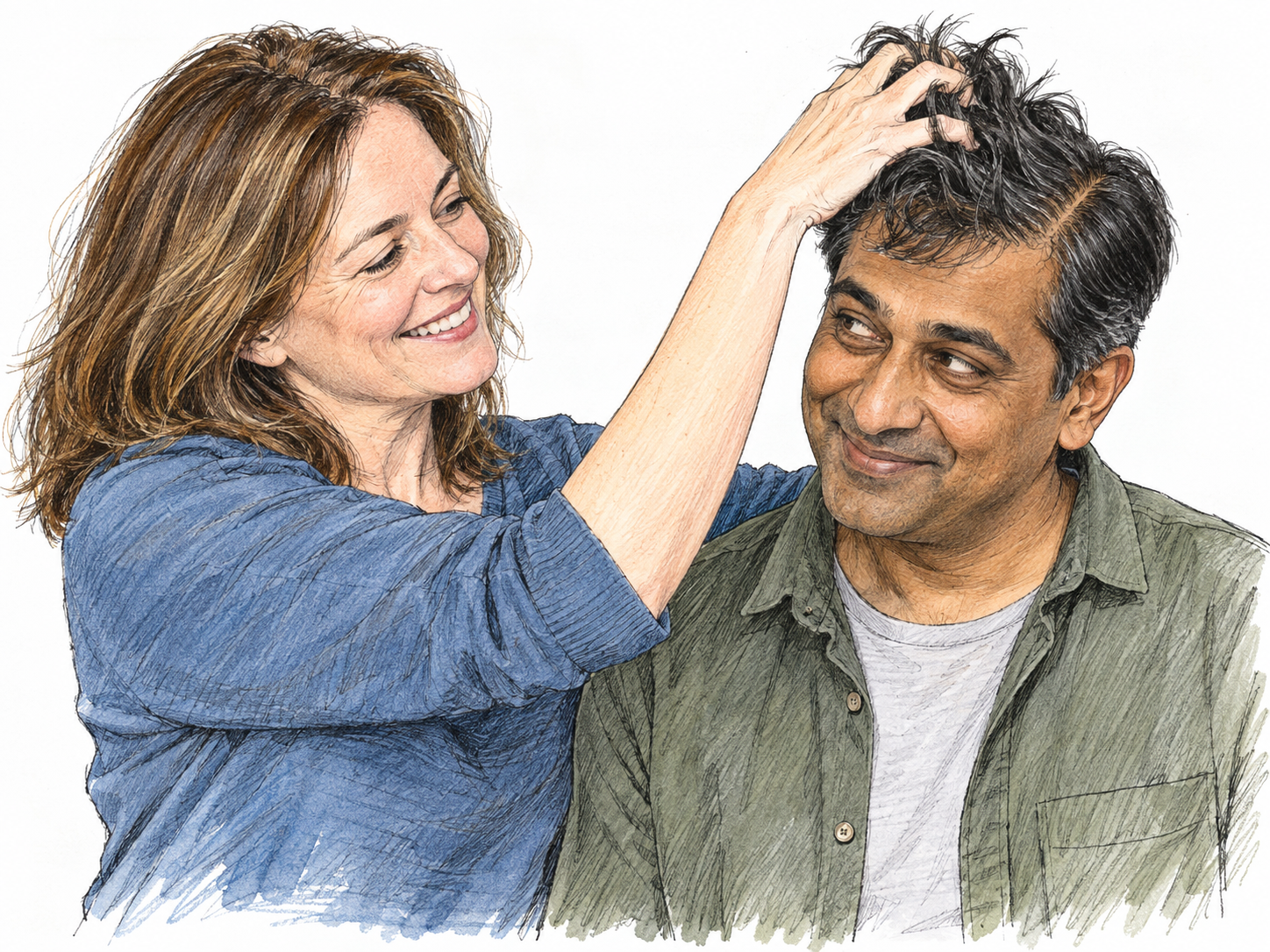 A woman playfully musses a man's neatly side-parted hair, her spread fingers lifting and scattering the locks on one side while the other side remains smoothly combed.