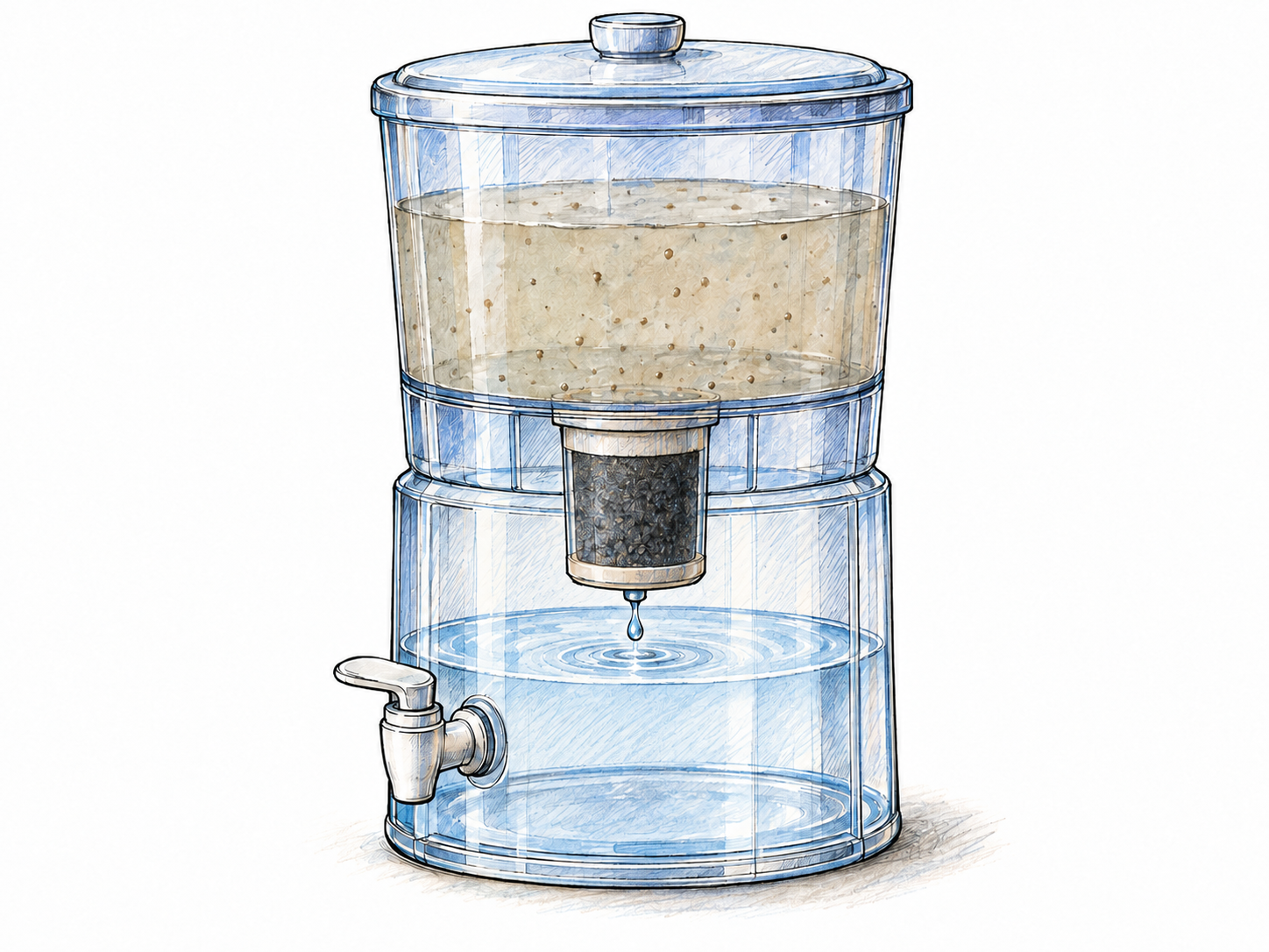 A transparent gravity-fed water purifier with cloudy water in its upper reservoir, a visible filter cartridge between chambers, and clear filtered water collecting below.