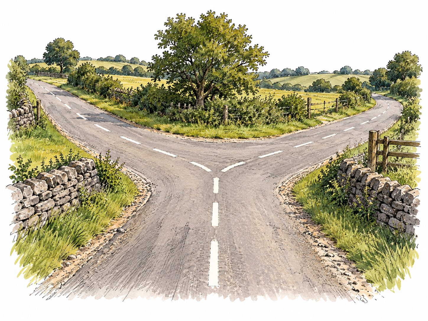Roads converge at a clearly visible three-way junction.