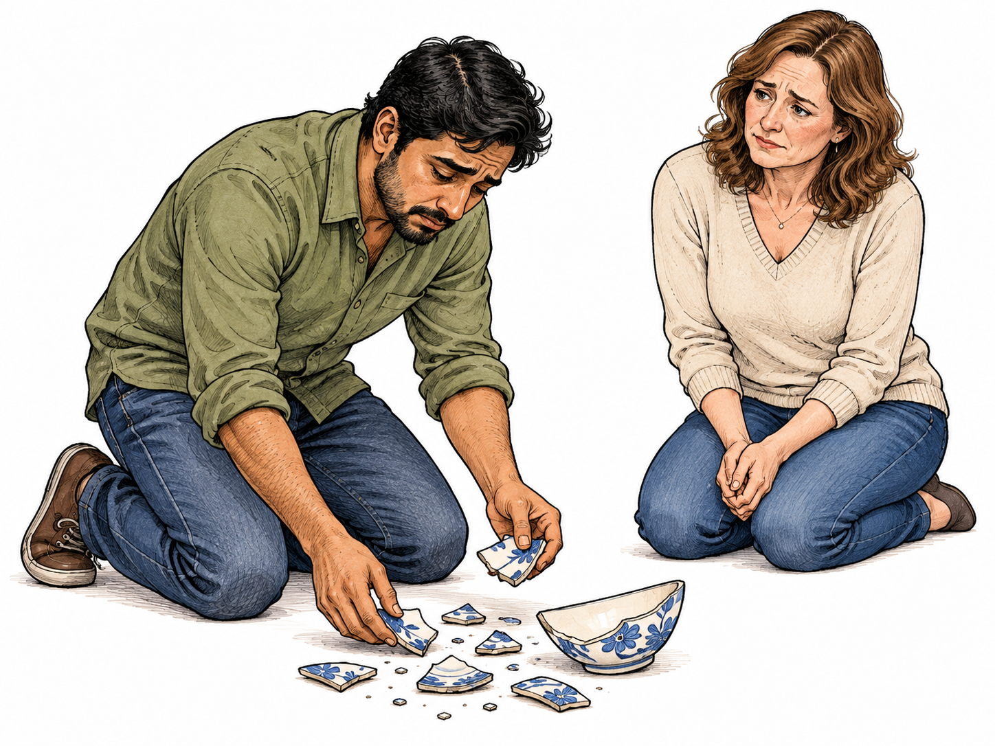 An adult apologizes for breaking a friend's ceramic bowl while carefully gathering its pieces; visible sorrow for their own action.