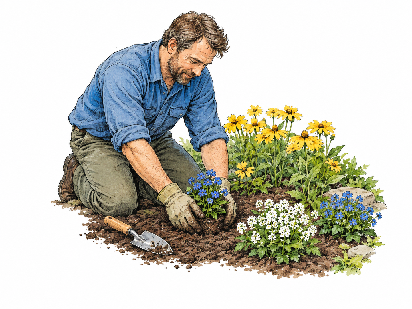 A gardener changes a single-color flower bed into a varied planting by adding blue and white flowering plants among established yellow flowers.