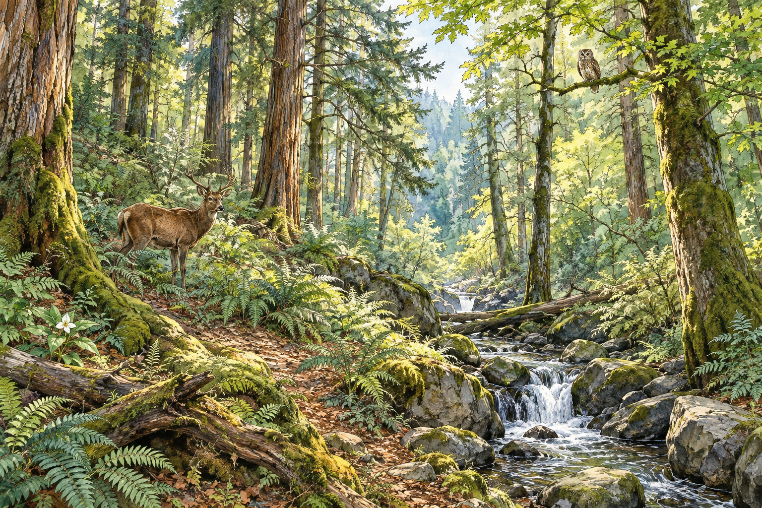 Dense mixed forest with tall trees layered canopy trunks ferns and light filtering through, natural woodland.
