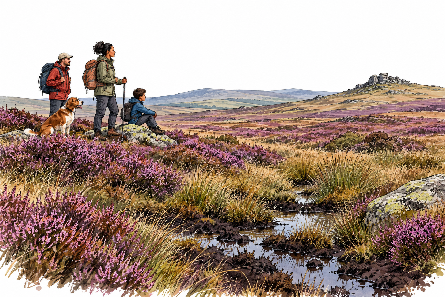 Open moorland covered in purple heather coarse grasses and wet peat.
