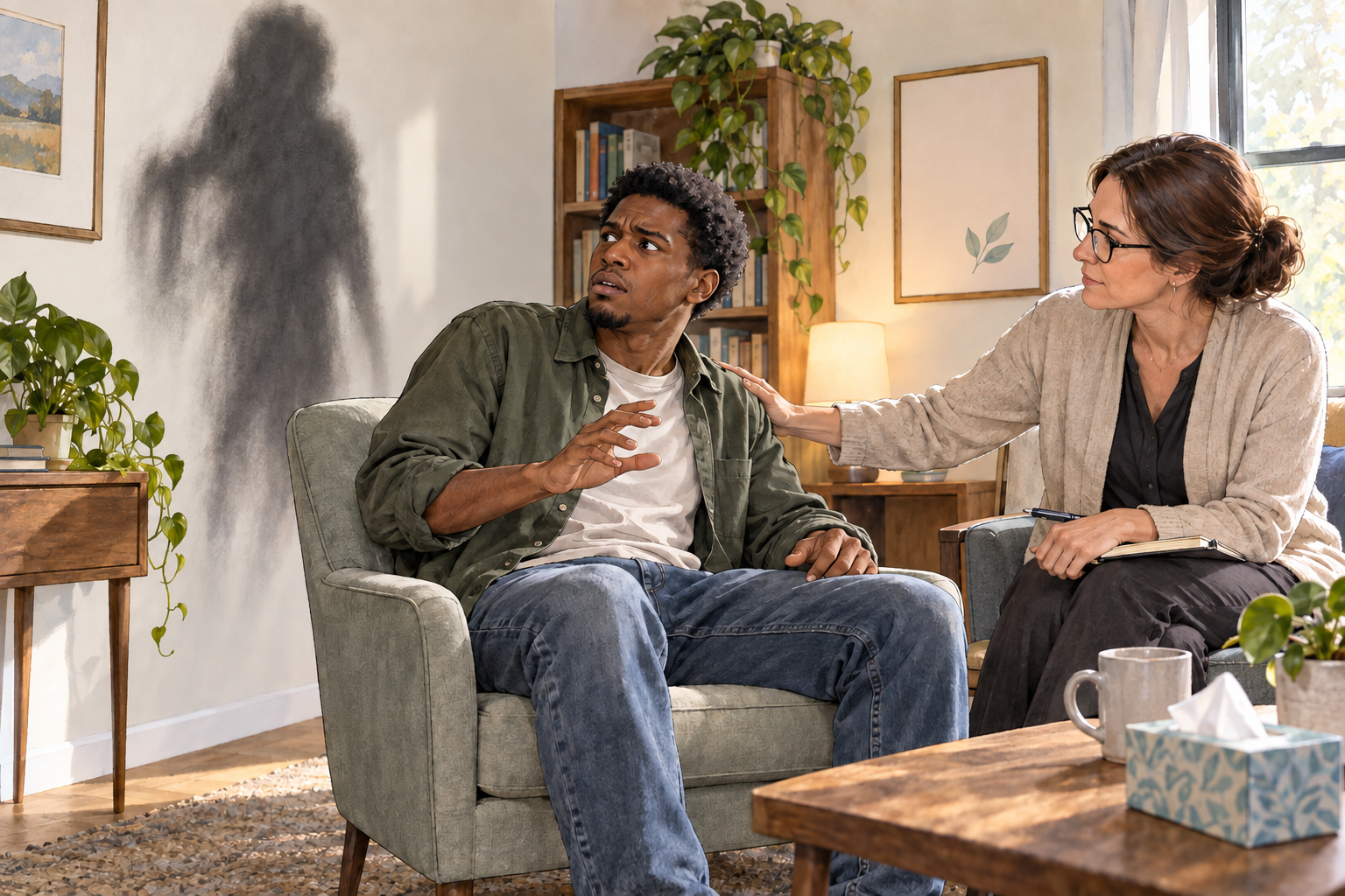Fictional adult feels confused by a perceived shadow that does not match the ordinary room, with calm supportive clinician nearby; dignified, no violence or horror.