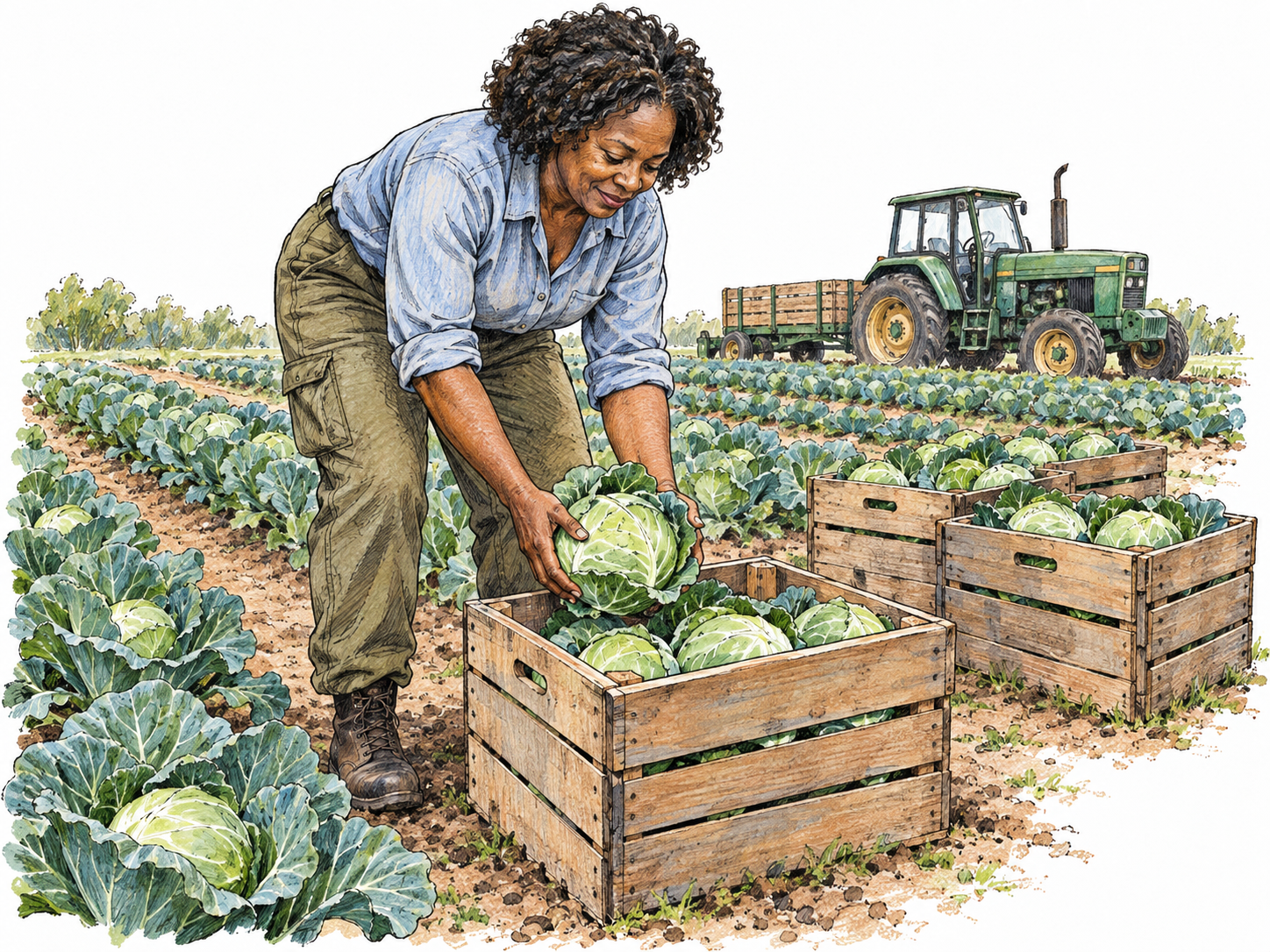 A farmer harvests cabbages into produce crates beside long cultivated rows, with a small farm tractor nearby.