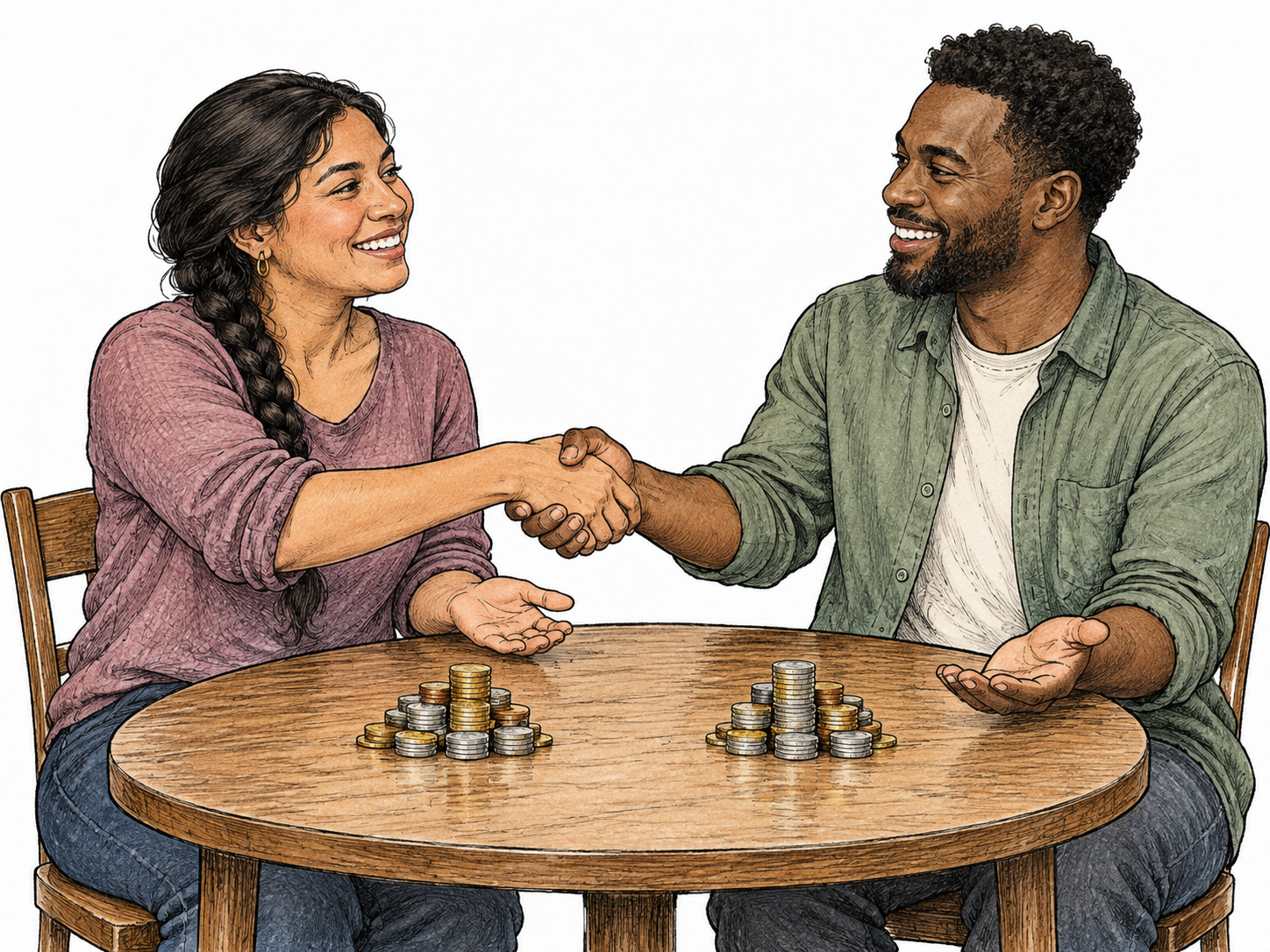 Two friends finish settling mutual debt: equal piles of coins between them on small table, empty open palms and relieved handshake; no leftover IOU or text.