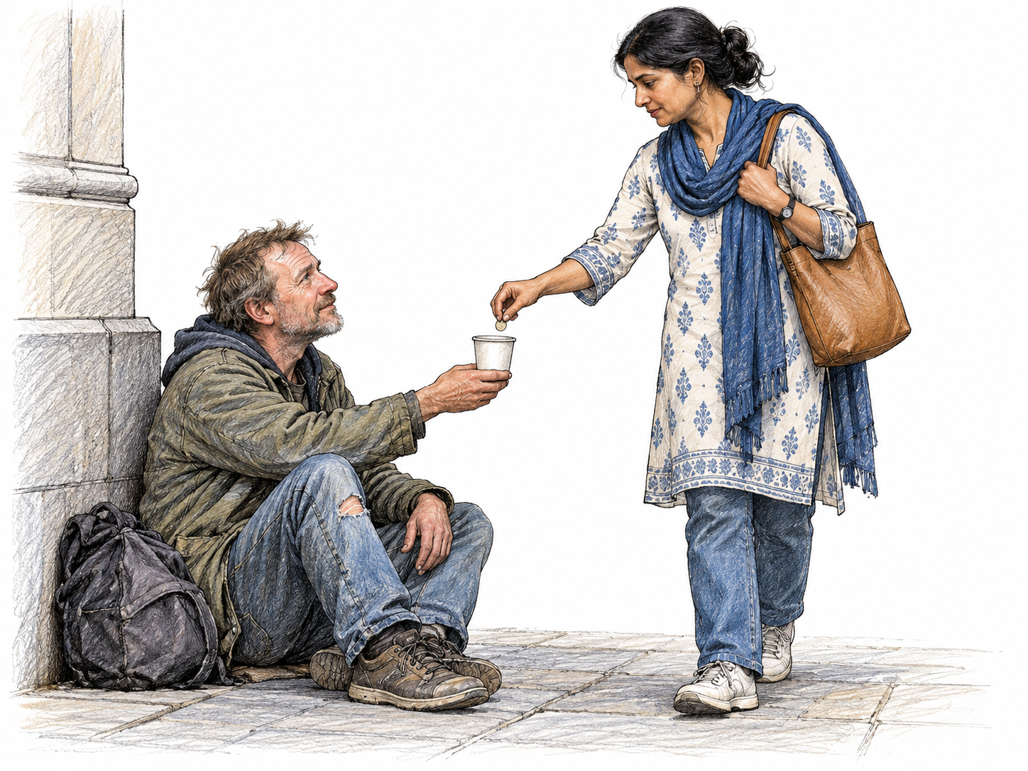 A person seated at the edge of a public pavement holds out a small plain cup and asks a passing stranger for money, open requesting hand, respectful eye contact, no sign or caricature.